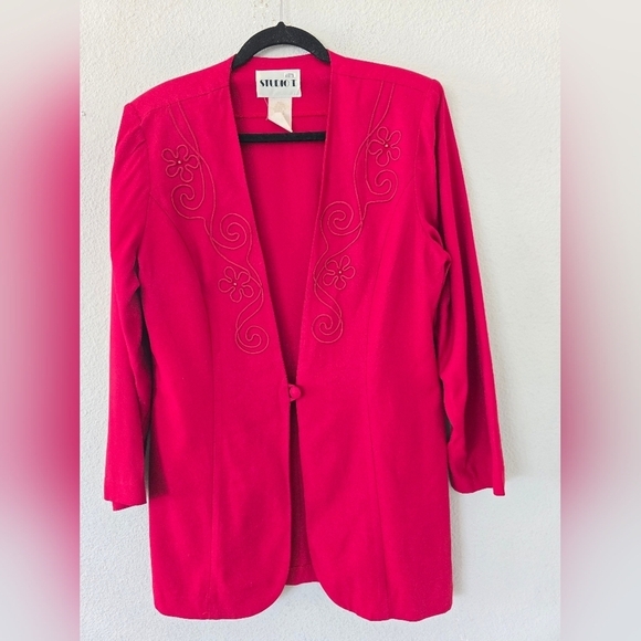 Studio Vintage Long Blazer Jacket Women 14 Red Padded 1Button Career Embriodery - Picture 3 of 8